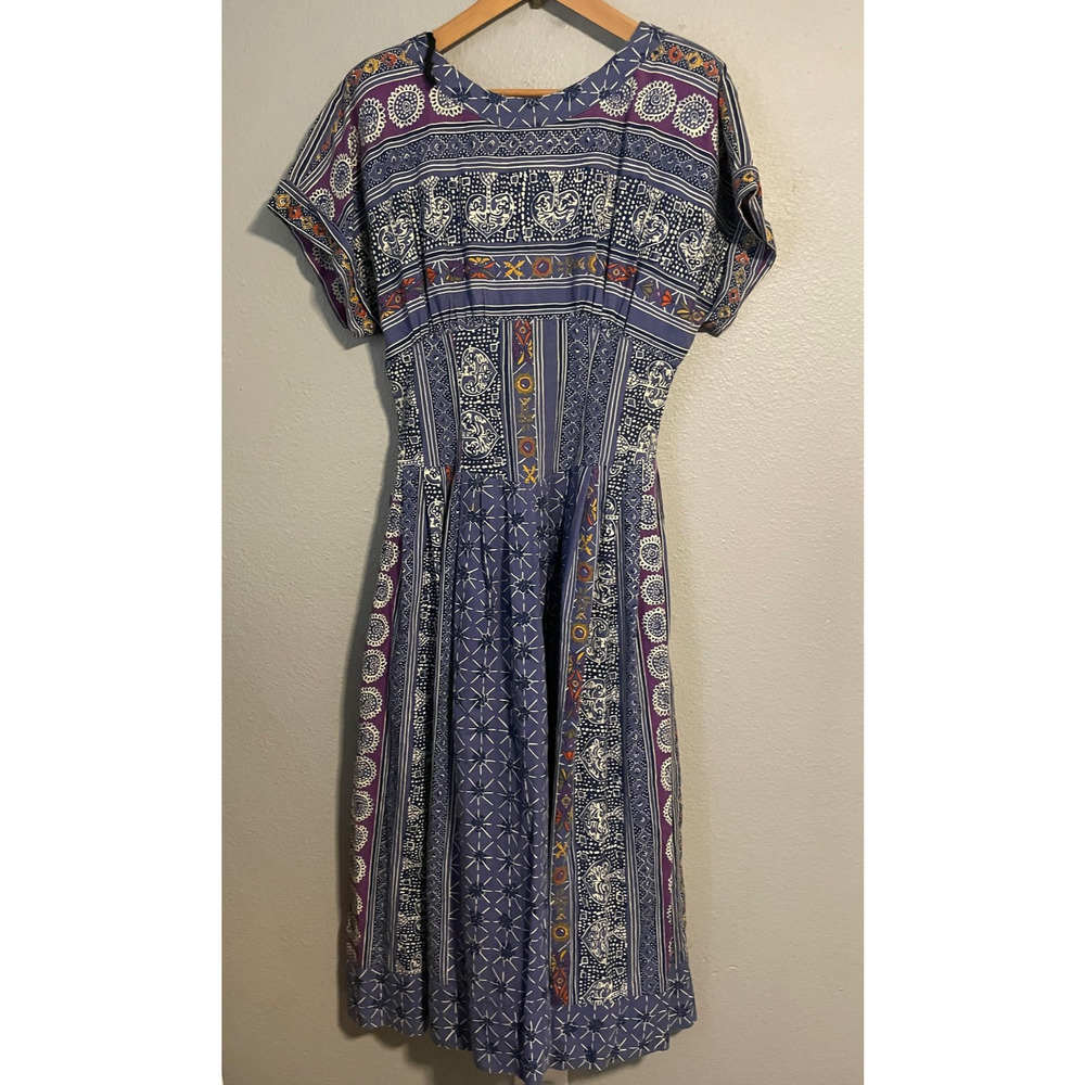 Vintage Choon Dress Womens Small Blue Batik Print Fit Flare Maxi Artsy Boho 70s